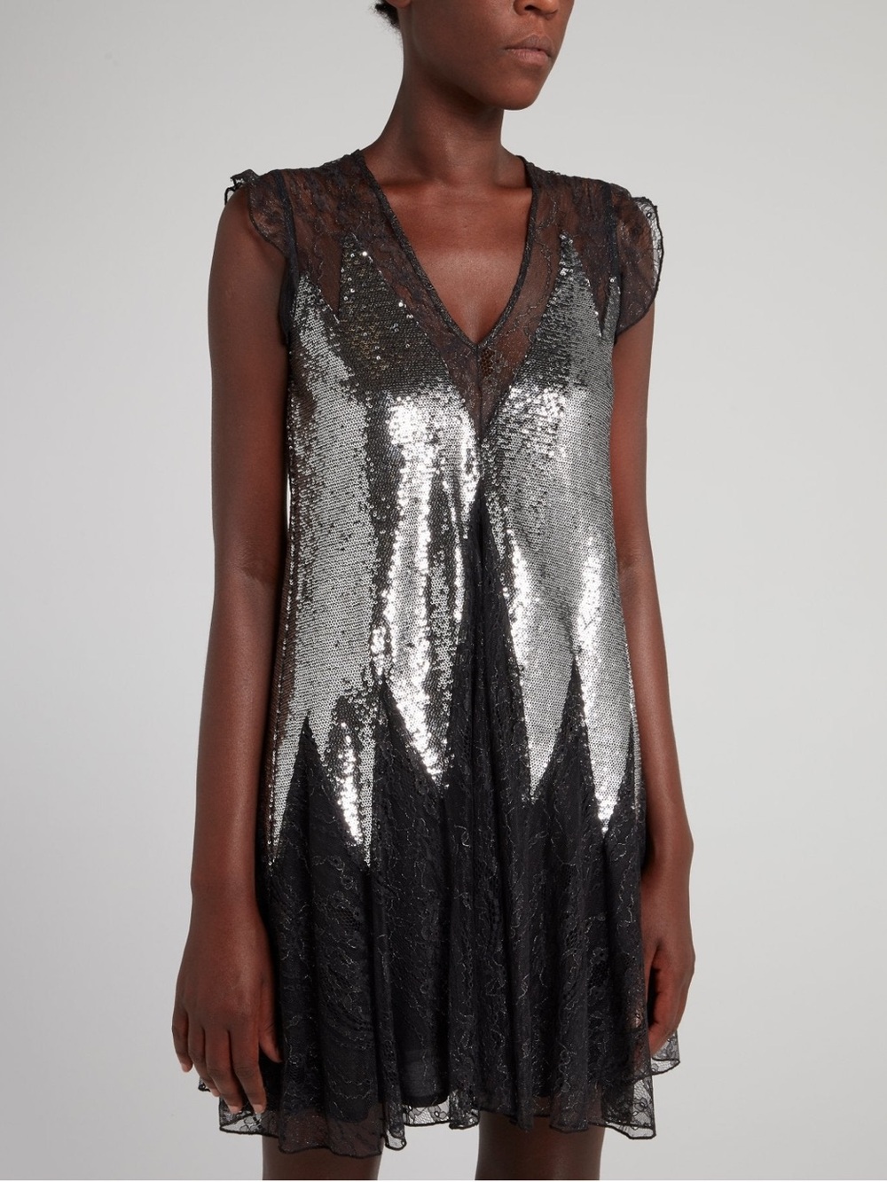 Just Cavalli Silver Sequin & Black Lace V-Neck Mini Dress sz 40